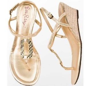 Lilly Pulitzer Gold Strappy Straw Wedges
